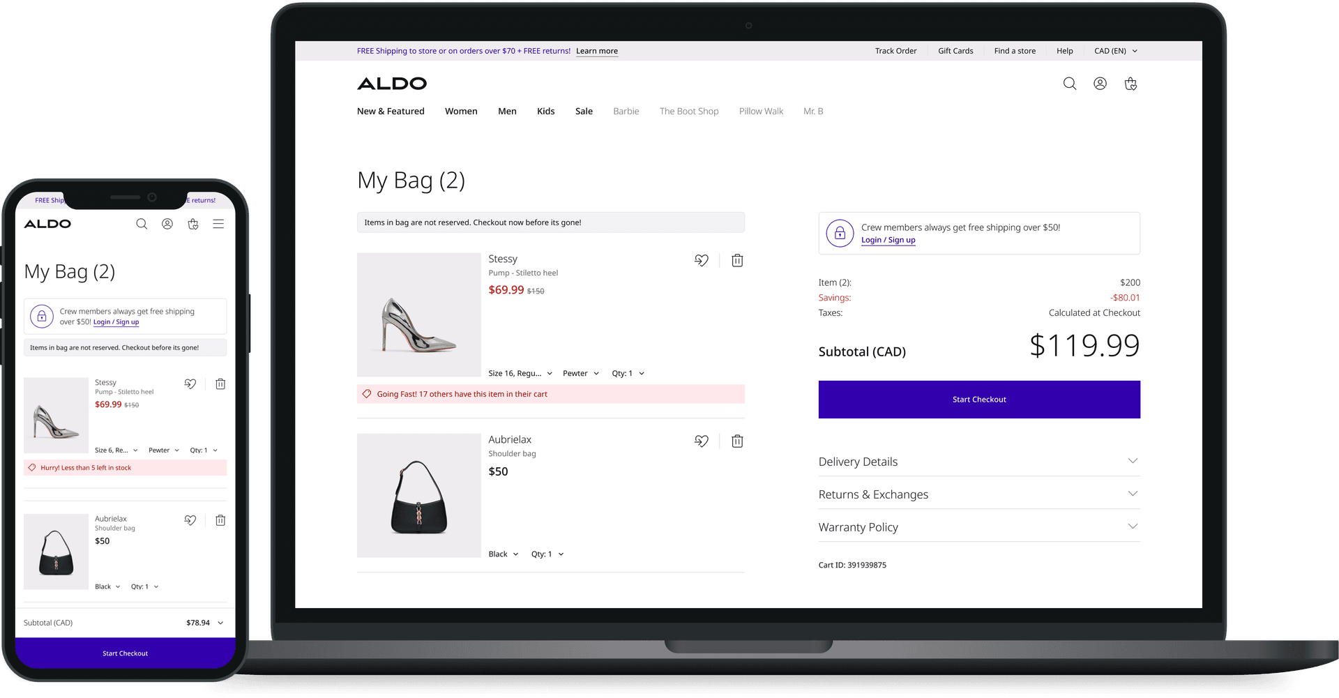 Redesigned ALDO cart mockup showing the cleaned-up bag overlay, the surfaced primary checkout CTA, and clearer promo-eligibility labelling.