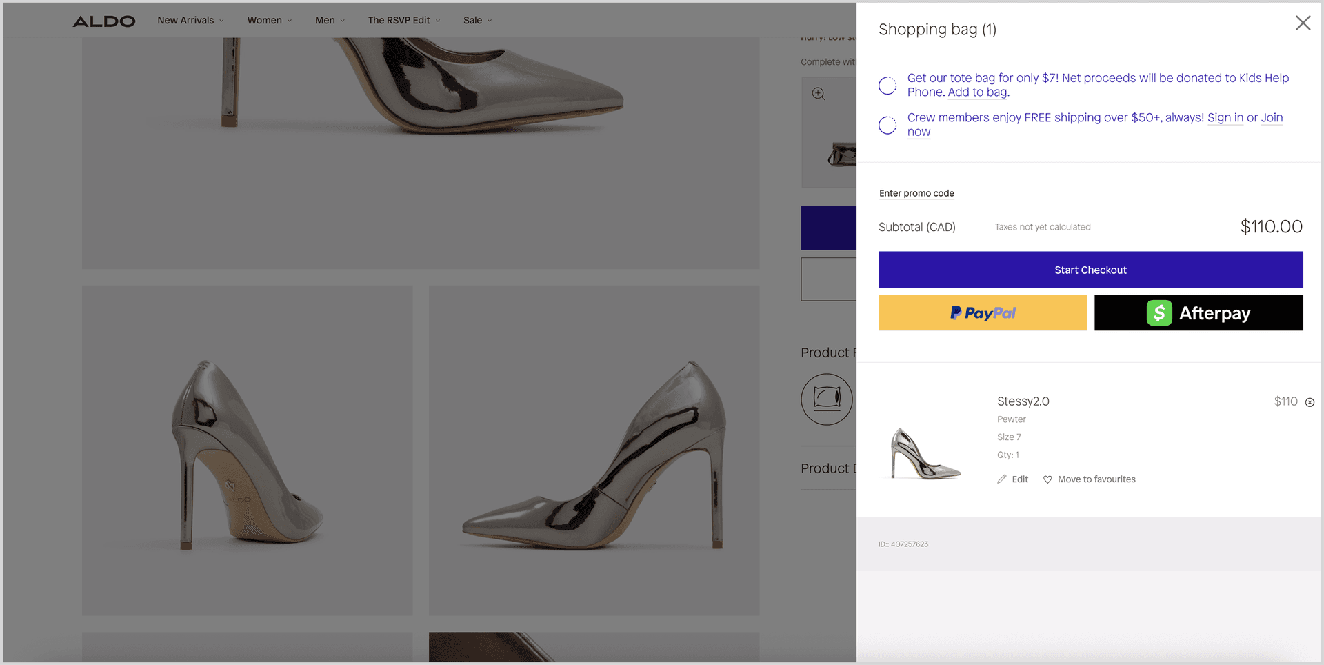 Legacy ALDO desktop bag overlay showing stacked promo banners, the Stessy 2.0 pewter heel line item, and the Start Checkout, PayPal, and Afterpay payment options.