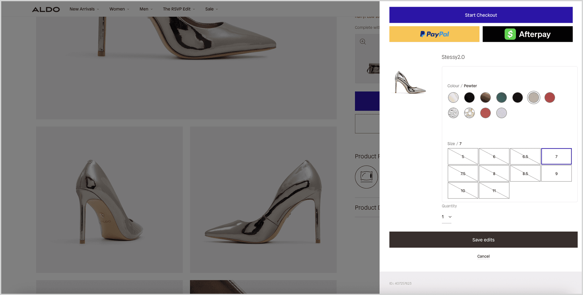 Legacy ALDO desktop edit-item panel showing colour swatch grid, size picker, quantity dropdown, and Save edits / Cancel actions for the Stessy 2.0 heel.