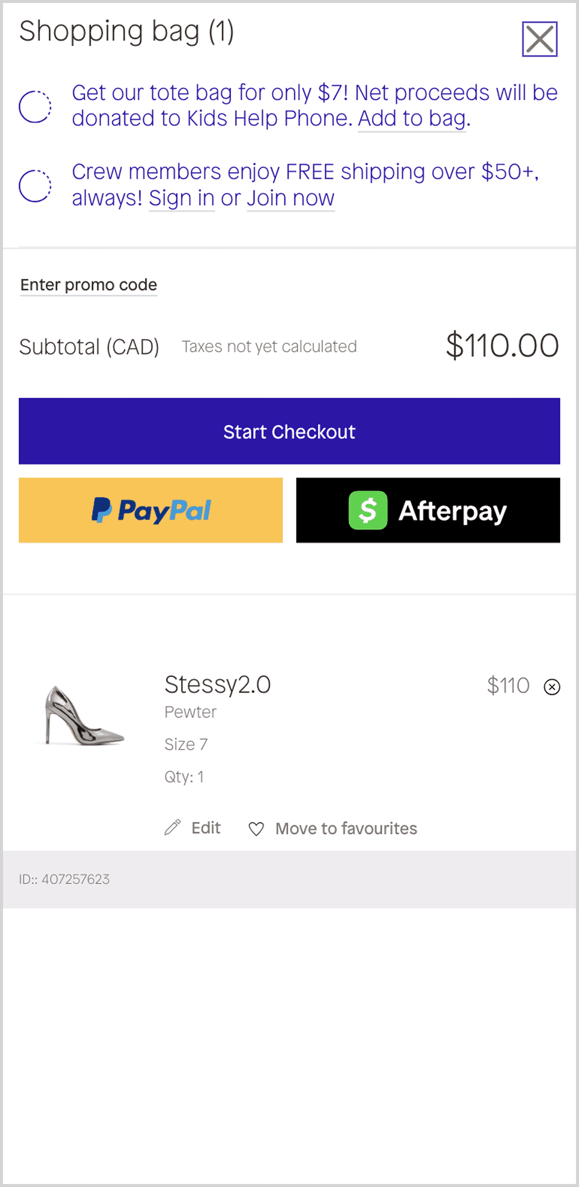 Legacy ALDO mobile shopping bag showing the tote-bag promo, free-shipping prompt, promo code field, subtotal, Start Checkout button, and the Stessy 2.0 line item.