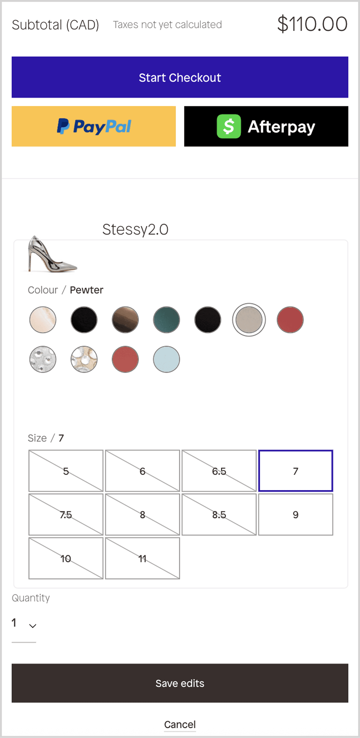 Legacy ALDO mobile edit-item view showing colour and size pickers, quantity stepper, and Save edits / Cancel actions for the Stessy 2.0 heel.